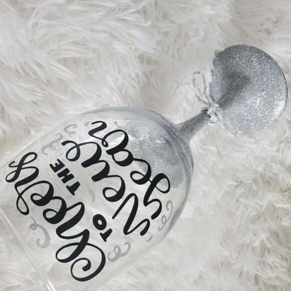 Cheers To The New Year, New Year's Silver Glittered Stemmed Wine Glass - Picture 2 of 10